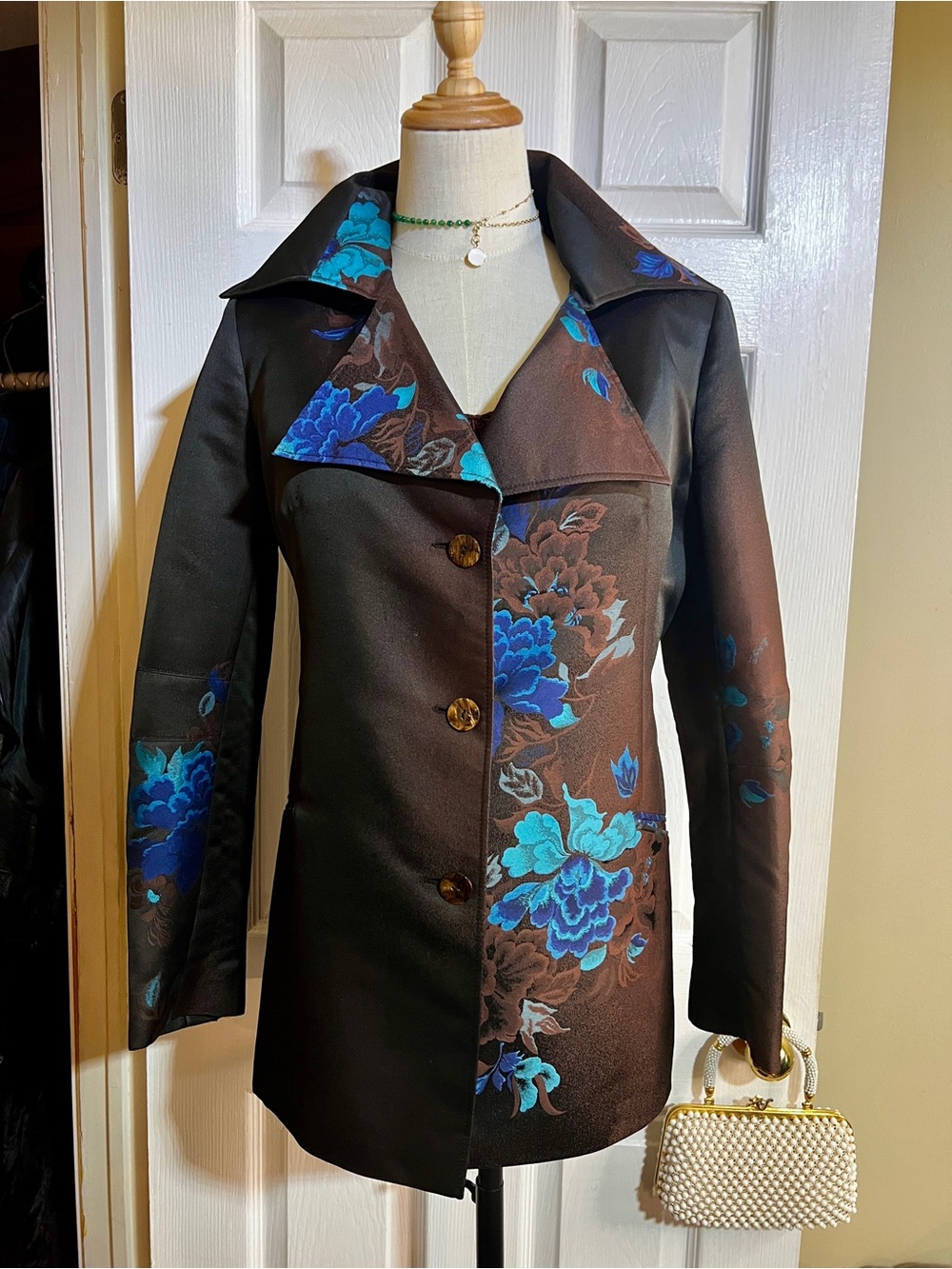 Vtg Roger Sakoun Paris Wms Brown Floral Iridescent Hour Glass Frock Jacket 40/M